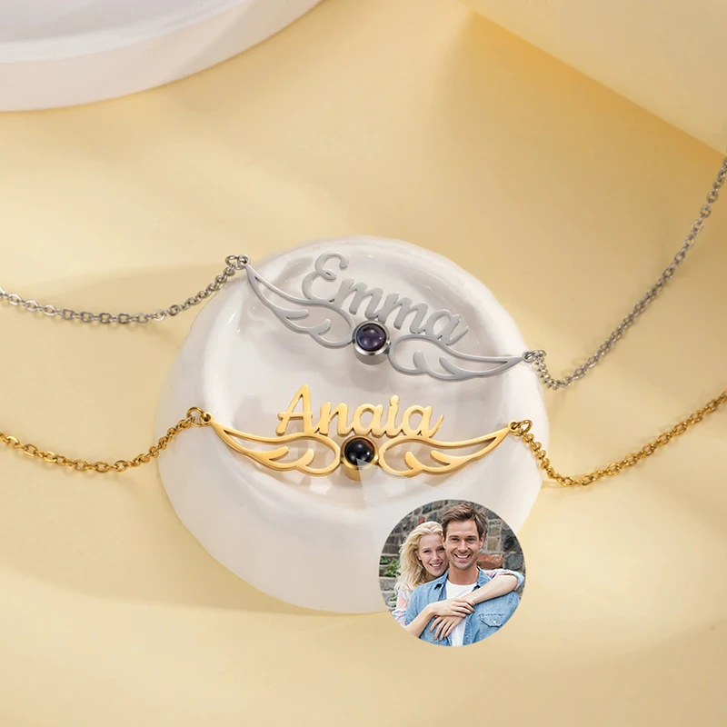 Custom Picture Projection Necklace Angel Wing Photo Pendant Necklace Customized Name Necklaces Birthday Memorial Gifts for Women - view 5