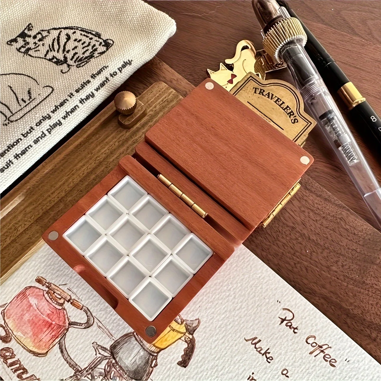 INS-Style Holz-Malbox Zusammenklappbare Aquarell-Malbox für Outdoor-Malerei Retro-Holz-Pigmentbox mit Gratis-Messingklammern – Detail 3