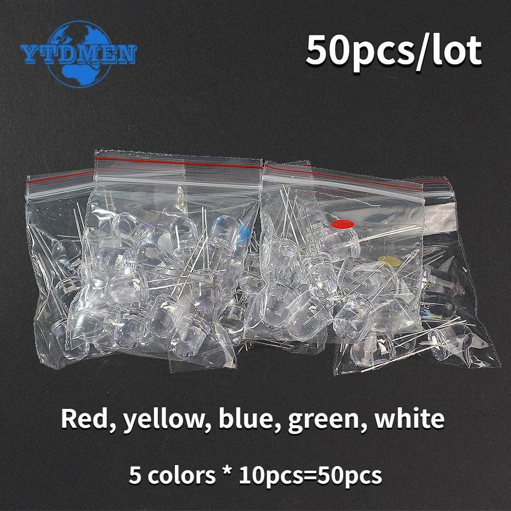 50PCS/Lot 10MM LEDs Light Emitting Diodes Kit, 10MM Transparent LED Assortment Set Red Yellow Blue Green White, 5 Colors*20pcs