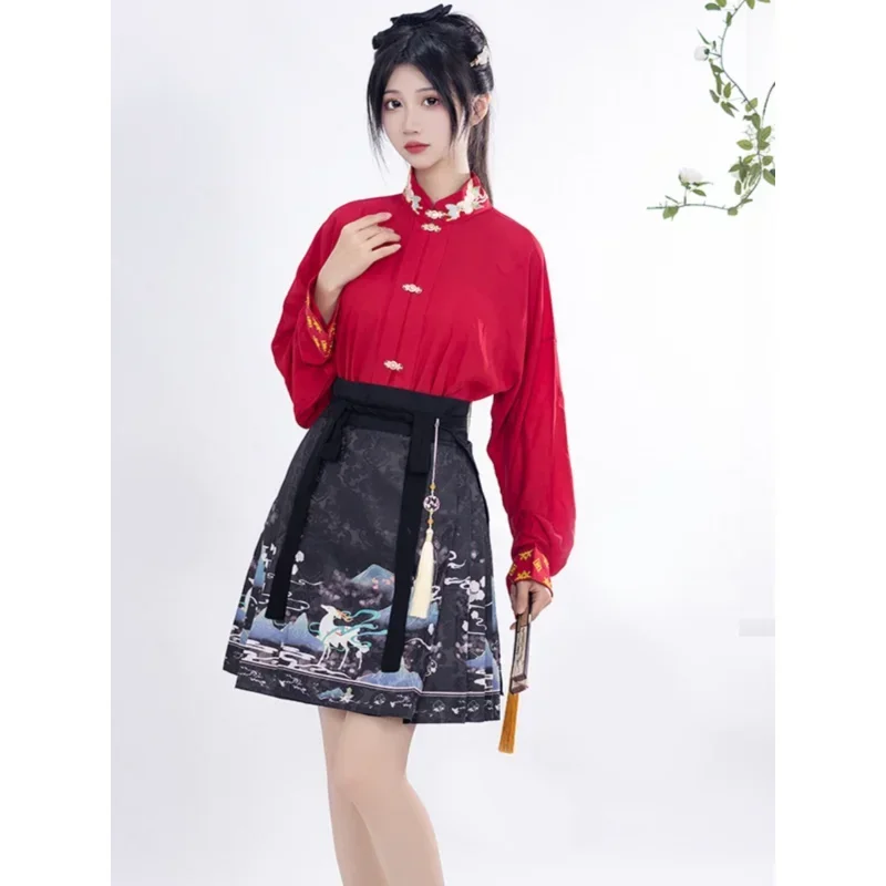 Improved Ming Dynasty Hanfu Long Sleeved Top Deer Printed Mini Horse Face Skirt Female Chinese Style Jk Suit Modern Hanfu Dress