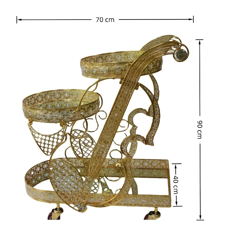 3 Tier Gold Mobile Trolley Rolling Storage Cart Multi Shelf Organizer for Hotel Lounge