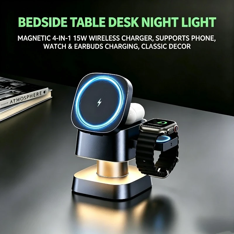 15W Magnetic 4‑in‑1 Wireless Charger Desktop Night Light Charging Dock For Apple Phone Watch Earbuds