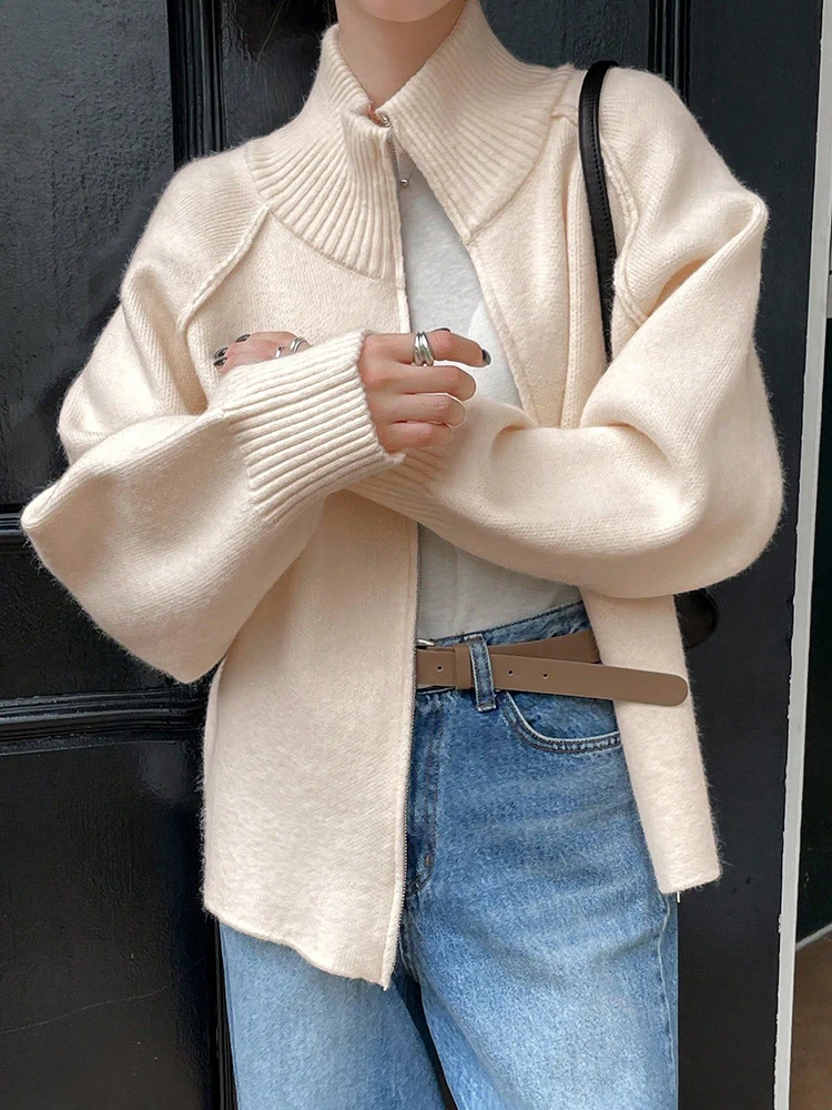 

Новый женский кардиган: модный однотонный свитер на молнии с воротником-пэчворк, весенне-осенняя повседневная шикарная куртка для женщин