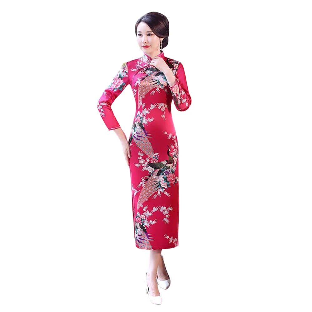 Chinese Vintage Long Sleeve Qipao Dress for Women Featuring Peacock Print for Fashionable and Comfortable Wear