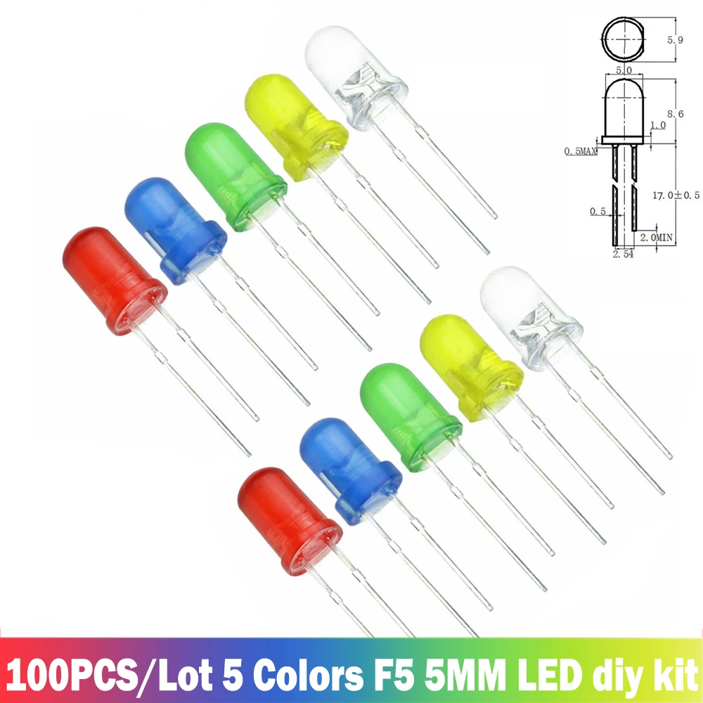 100PCS 3mm 5mm LED Light Emitting Diodes 5 Colors Electronic Components Red Green Blue White yellow Color DIY Kit LED Light