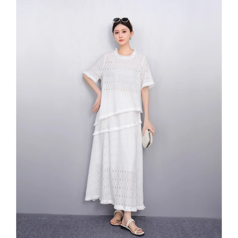 

2025 Spring Summer Fashion Elegant Hollow Out Short Sleeve Top Women Loose Long Skirts Two-piece Set Female J1140