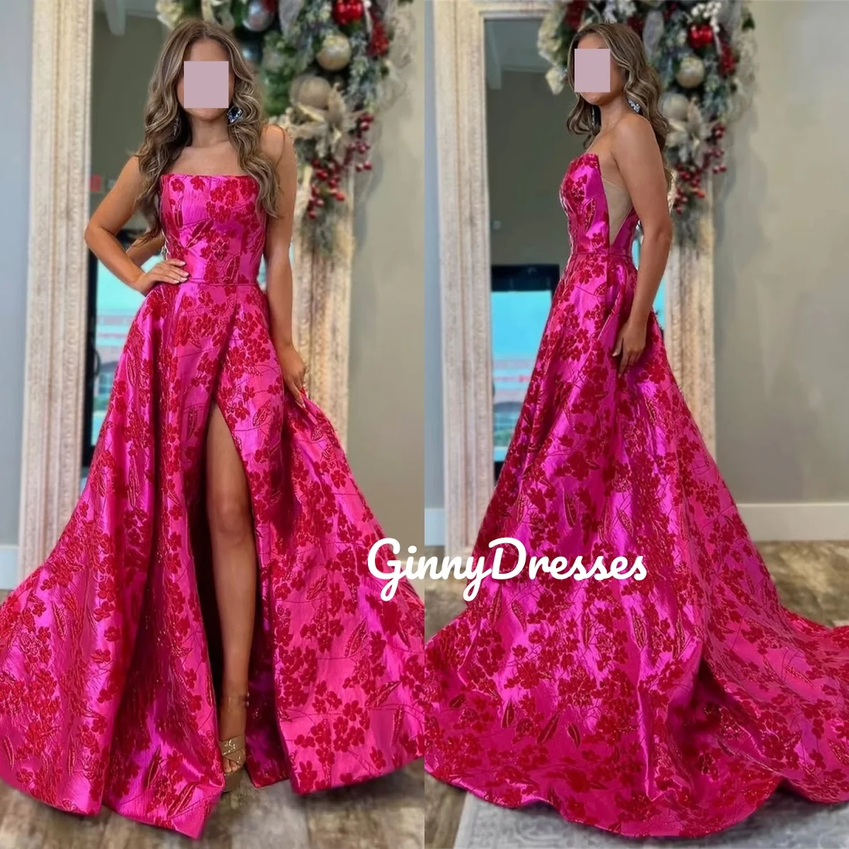 

Customize Beadings Luxury Evening Dresses A-Line Split Strapless Floor-Length Dresses For Prom Flowers Sleeveless Zipper Up Vest