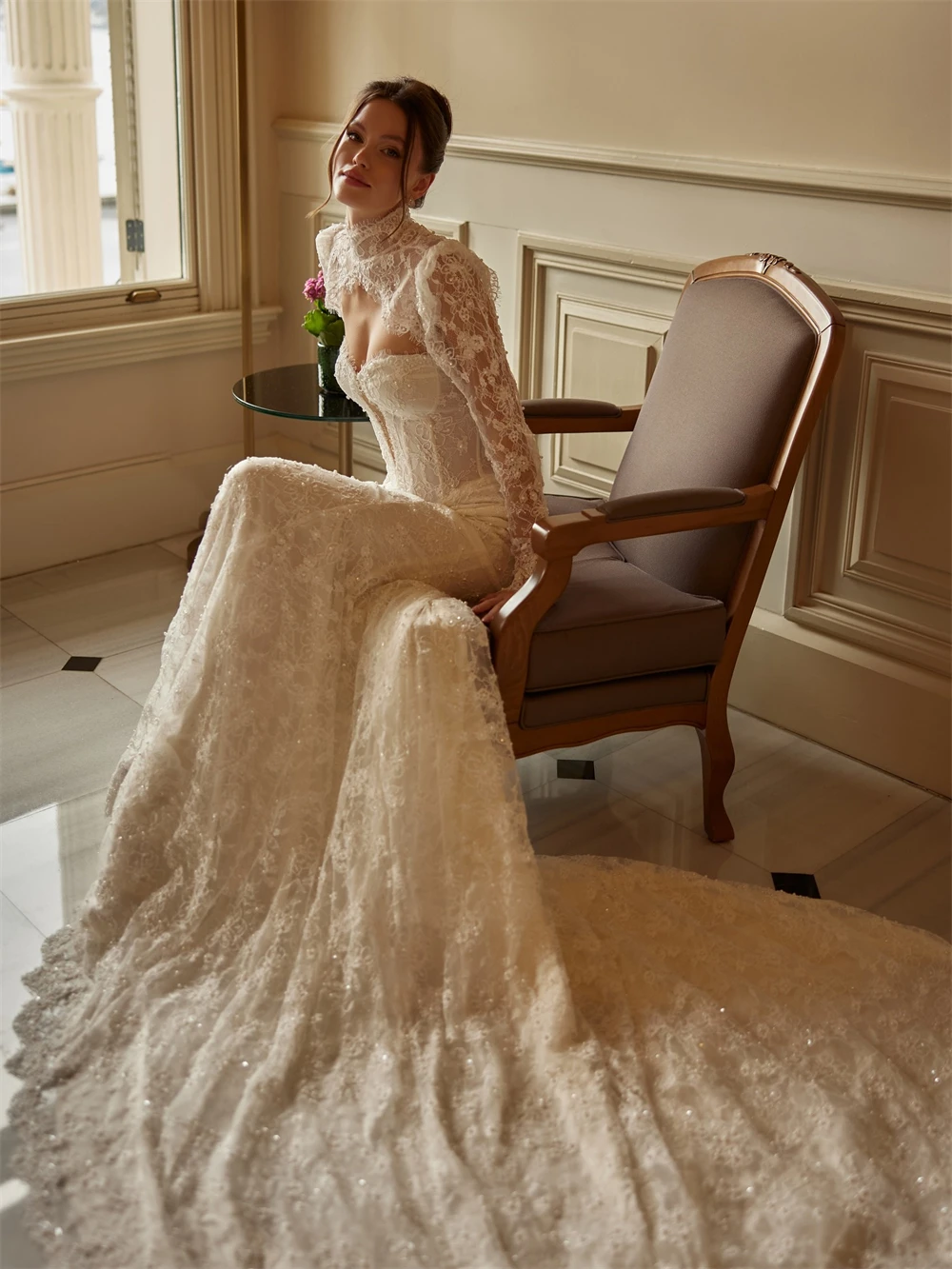 فستان زفاف بوهو عاجي مخصص من الدانتيل كلاسيكي على شكل قلب بدون أكمام زي العرائس حالمة حورية البحر ذيل محكمة فيستدو دي نوفيا