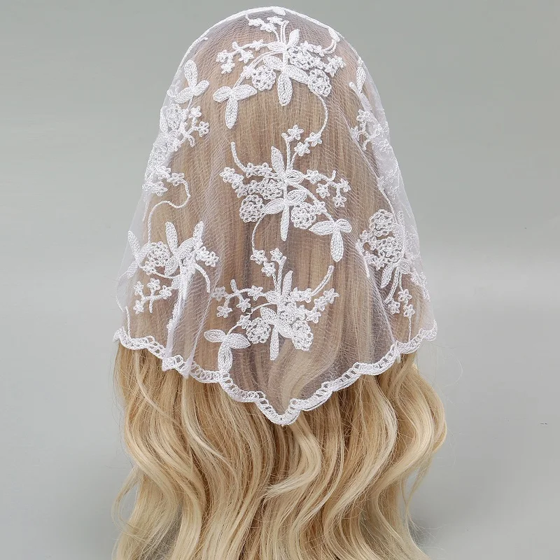 Nylon Embroidered Lace Triangle Scarf Prayer Veil Church Hijab New 2024 Headband Fashion Elegant Scarf Solid Scarves Turban