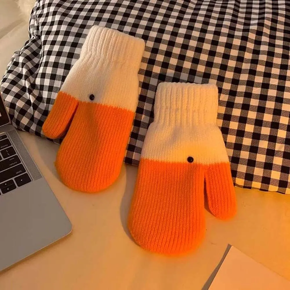 Urocze pomarańczowe rękawiczki z kreskówkowym gęsiem, poliestrowe, grube, zimowe rękawiczki dziergane, ocieplacze, wiatroodporne, chroniące przed zimnem, mitenki dla uczniów.