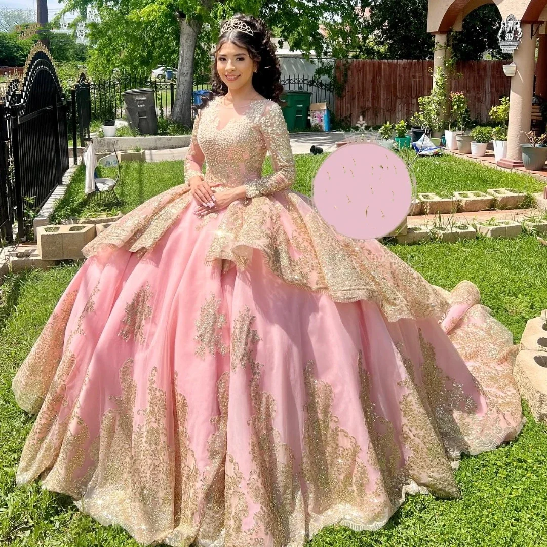 

Angelsbridep Pink Tiered Ball Gown Quinceanera Dresses Vestidos 15 Años Quinceañera With Long Sleeves Gold Appliques Party Gown