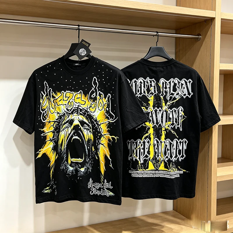 New GlazaGod  T Shirt Vintage Hip Hop Graffiti Logo Shining Diamond Men Women Casual Tops Tees
