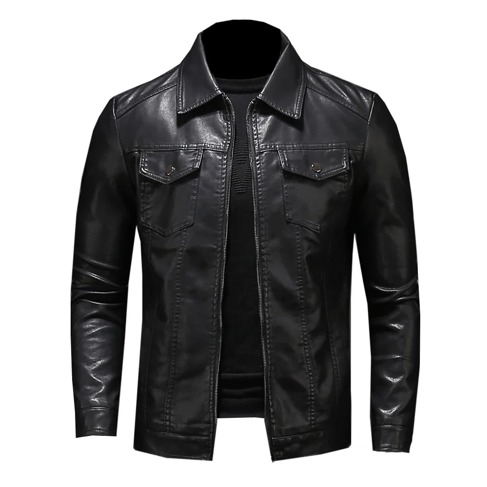 

Men's Motorcycle Leather Jacket Fit Male Spring Autumn High Quality Fashion PU Coat Large Size Pocket Black Zipper Lapel JJ525