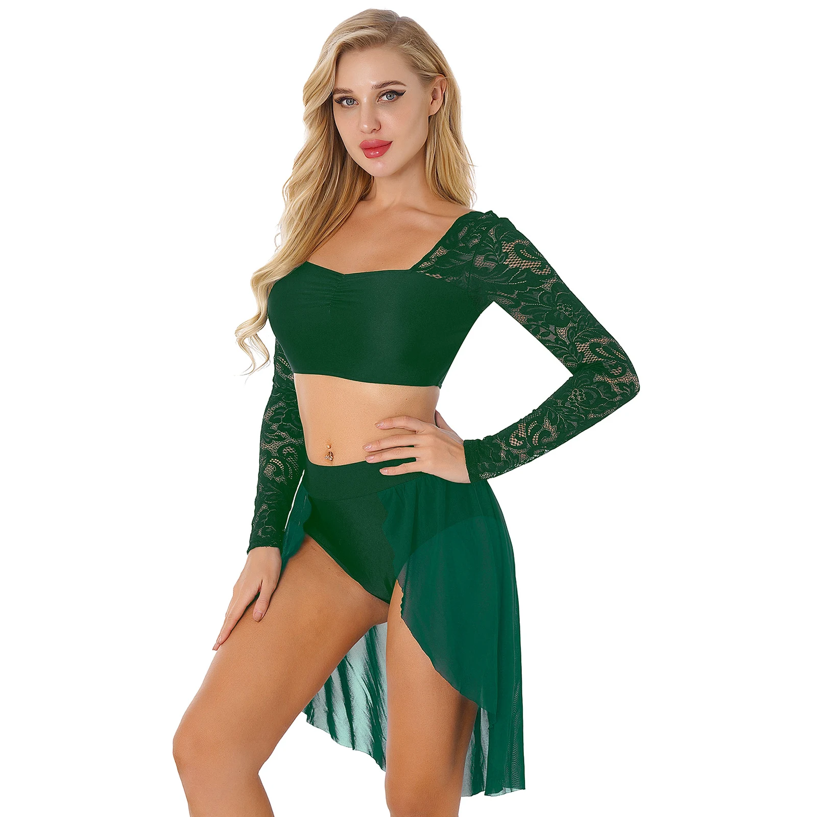 2 Stuks Womens Lyrical Ballet Dans Jurk Crop Top Met Tule Rok Dans Outfits Ballroom Dancewear Stage Performance Kostuums