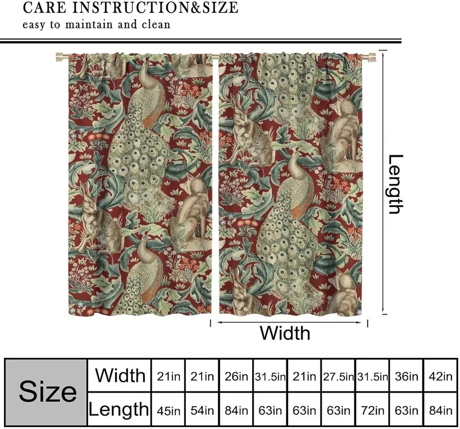 Vintage William Morris Wildlife Blackout Window Curtains, Rustic Boho Animal Plant Window Drapes, for Living Room Bedroom 21(W)*