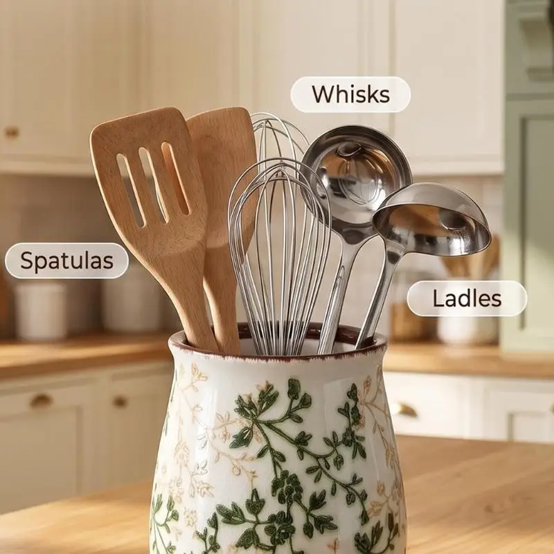 Lidless Ceramic Storage Crock with a Plant-Patterned Exterior, Counter Holder for Gathering Spatulas, Ladles, Spoons, and Y5GB