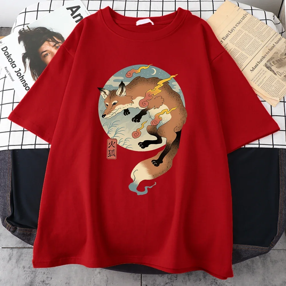 Fire Cartoon Fox Japanese Printed Men Short Sleeve Harajuku Casual Cotton Tee Clothing Oversize All-math Mans Cotton T-Shirts