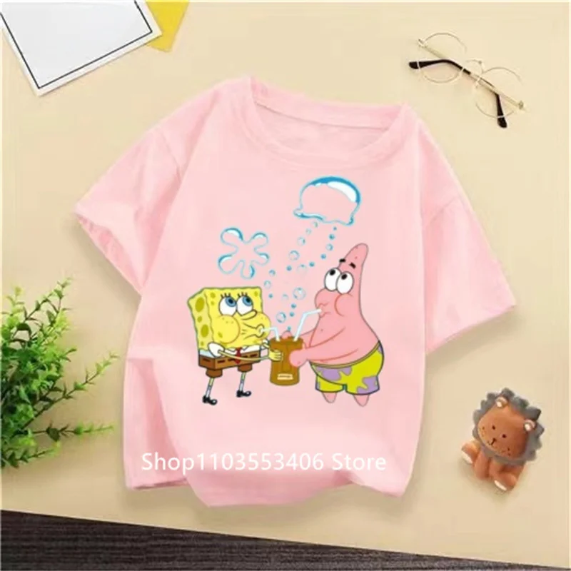 Fashion 2024 Summer Kids T-shirt, SpongeBob Squarepants Print Korean Hip Hop O-collar T-shirt, Harajuku kids set