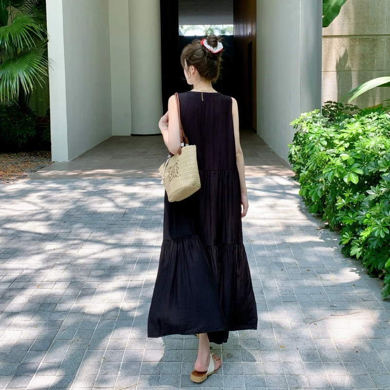 أنيقة الصيف جديد كوريا امرأة فستان كاجوال Vestidos رداء Elbise فضفاض حجم كبير سترة دون أكمام طويلة ألف خط تنورة فستان ماكسي