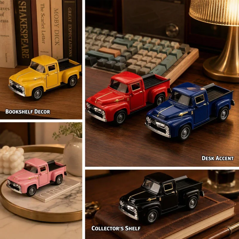 1:36 Scale Classic Vintage Pickup Diecast Car Model Set, 6 Retro Colors, Pull Back Alloy Vehicle, Desktop Collectible Ornament