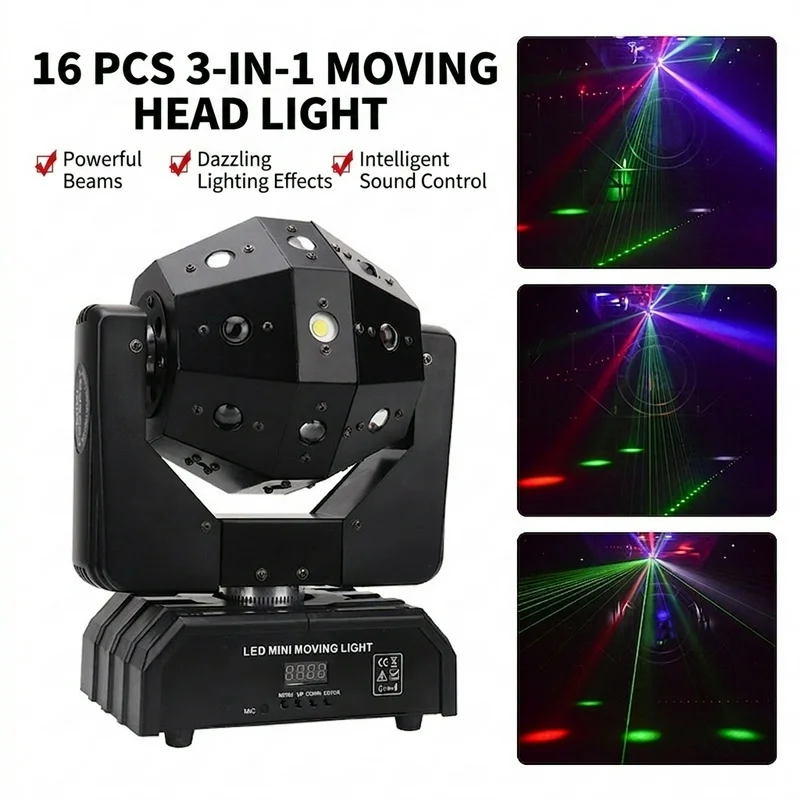 16-piece 3-in-1 Moving Head Laser Light RGBW LED Sound-Activated/DMX512 Control Beam Strobe & Rotating Bar Stage Light for KTV