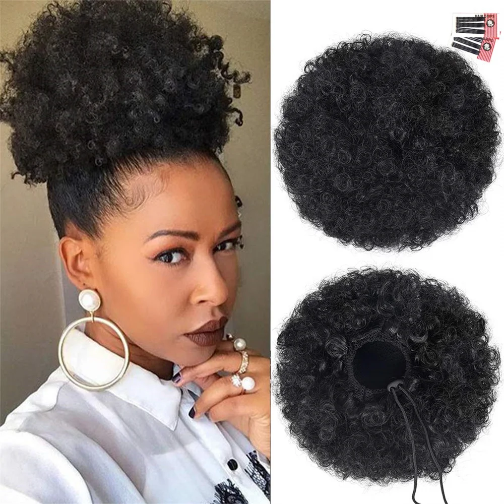 100% Human Hair Afro Puff Drawstring Ponytail Kinky Curly Bun Short Human Hair Extensions Updo Hairpieces for Black Women Girls