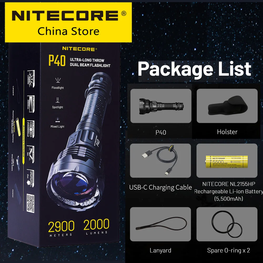2026 NITECORE P40 2000 Lumen 21700 Rechargeable Tactical Flashlight Spotlight Floodlight Adjustment 2900 Meters Distance Hunting