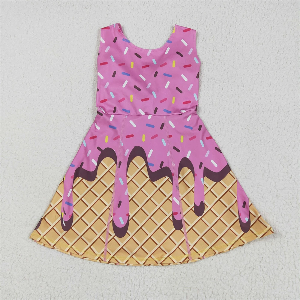 

Baby Girls Hot Pink Ice Cream Drip Yoga Skort Knee Length Dress Kids Team Athletic Wear Sprinkle Ice Cream Pattern