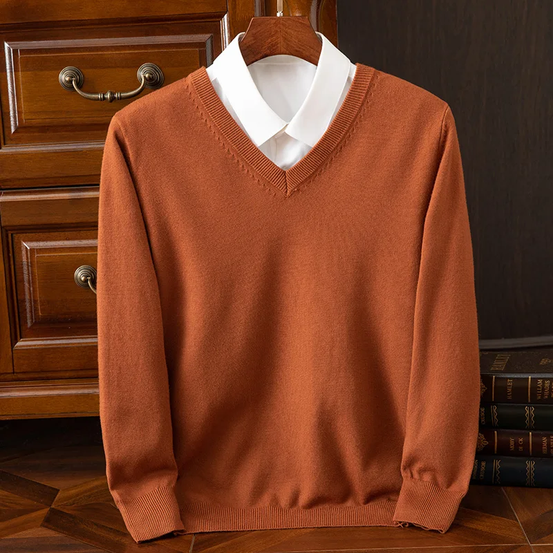 Men Cashmere Sweater V-Neck Pullovers Knit Sweater Autumn and Winter New Long Sleeve High-End Jumpers Tops