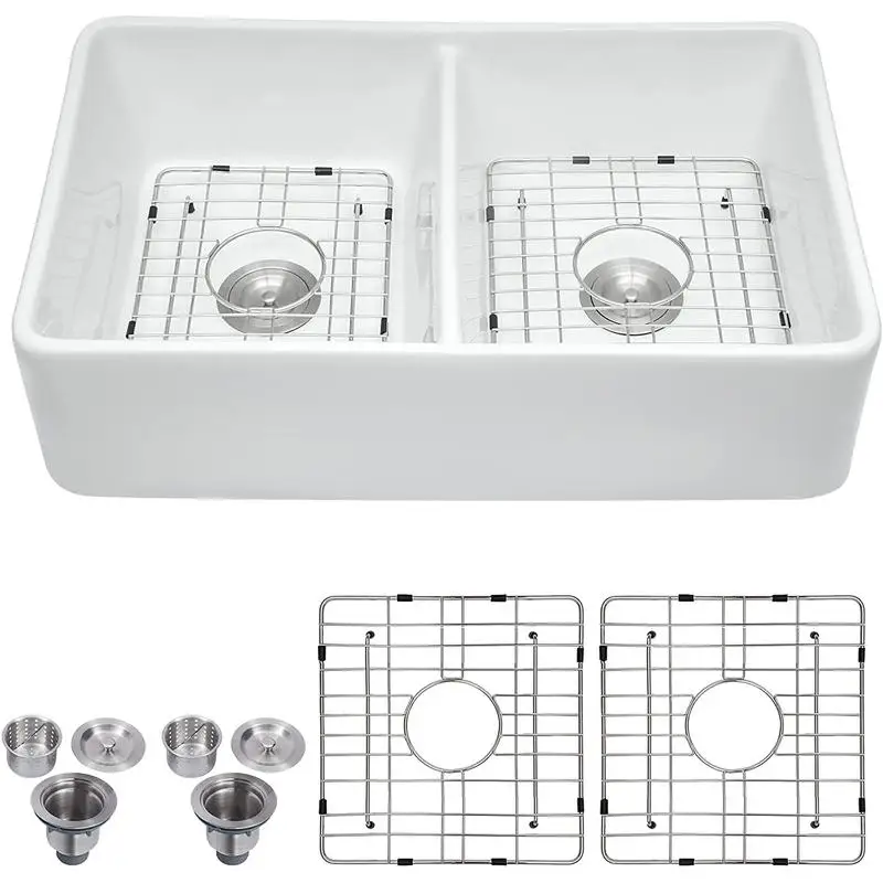 

32 Inch Long x 20 Inch Wide Double Basin Farm Sink with Strainer Basket