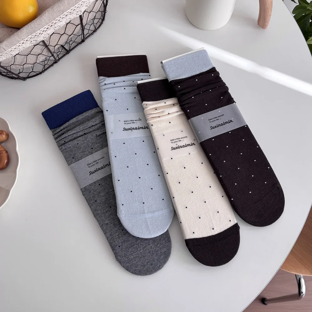 Polka Dot Medium Tube Socks Autumn and Winter Korean Cotton Knitted Long Socks Japanese Contrasting Color Retro Women's Socks