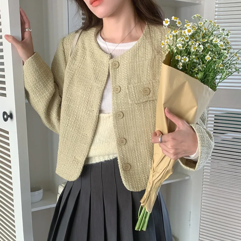 

Women's Autumn and Winter Jacket Temperament Retro Round Neck Short Single-breasted Coat Tweed Suit Top