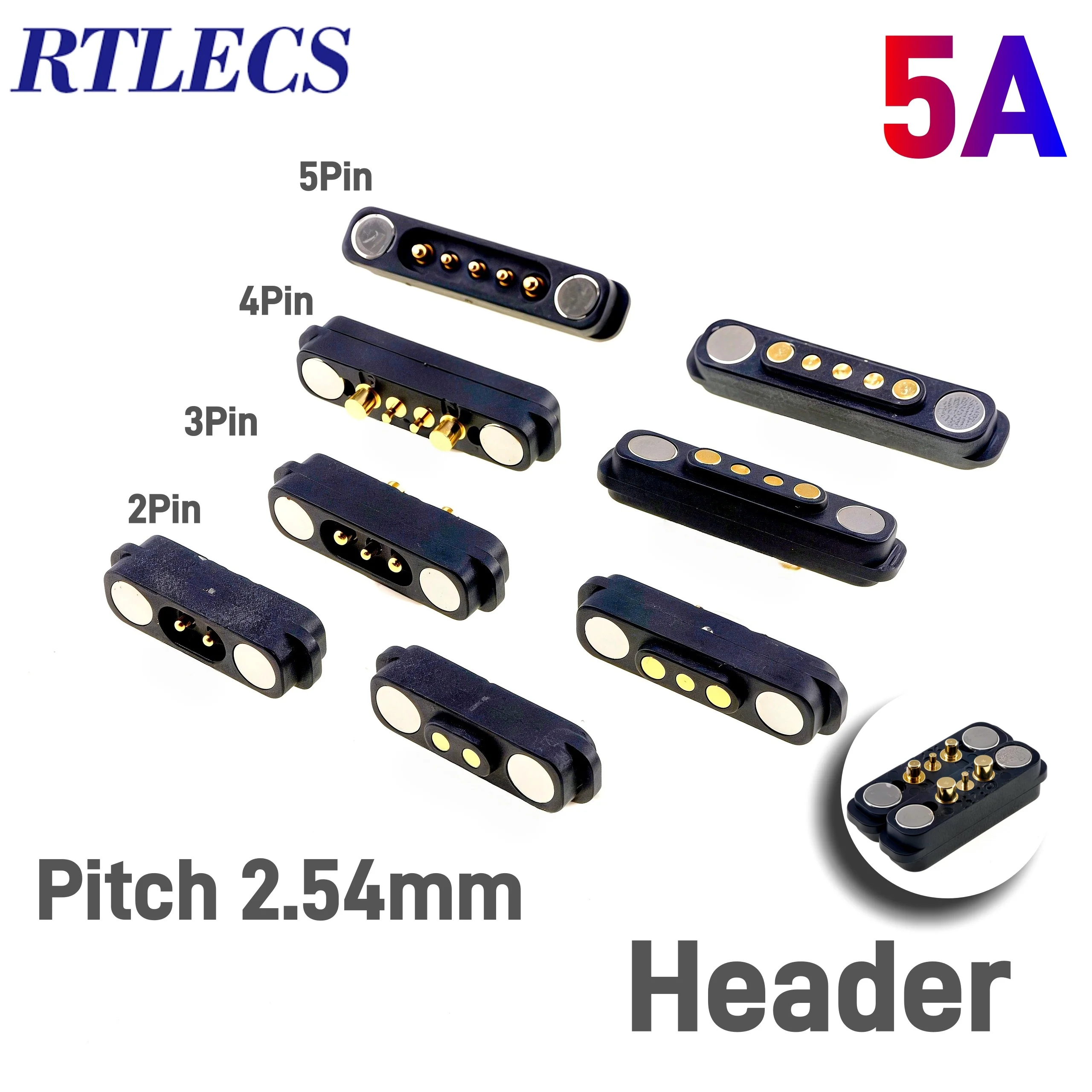 1/3/5Pair 5A 2/3/4/5/6 Positions Magnetic Pogo Pin Connector Pogopin Male Female 2.54mm Spring Loaded DC Power Socket 20AWG