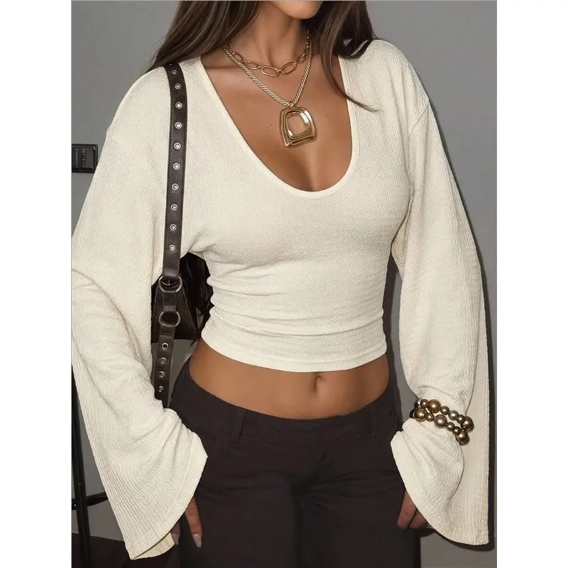 Women Fall Long Bell Sleeve Shirts V Neck Fitted Ruched Trendy Y2K Going Out Tee Tops Milky White XS Eco-Friendly