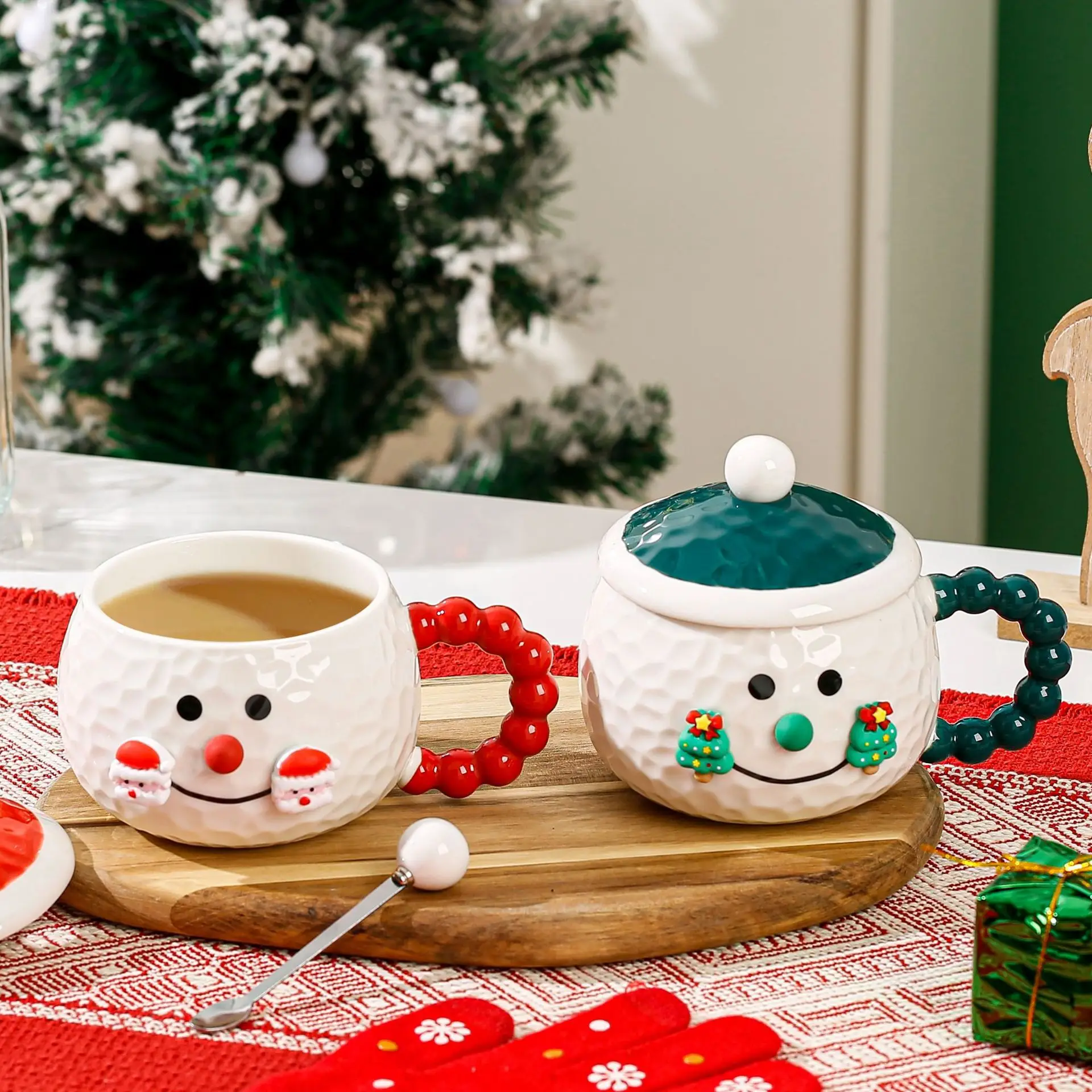 Christmas Snowman Mug with Lid Spoon,Christmas Tree God Santa Claus Home Ceramic Water Cup,High-value Christmas Couple Cup