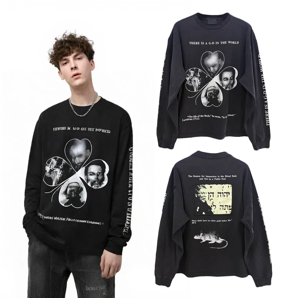 Streetwear Y2k Subculture Graphic T Shirts Gothic Street Style Cotton Distressed Vintage Casual Clothing Full Sleeved Tees Men's