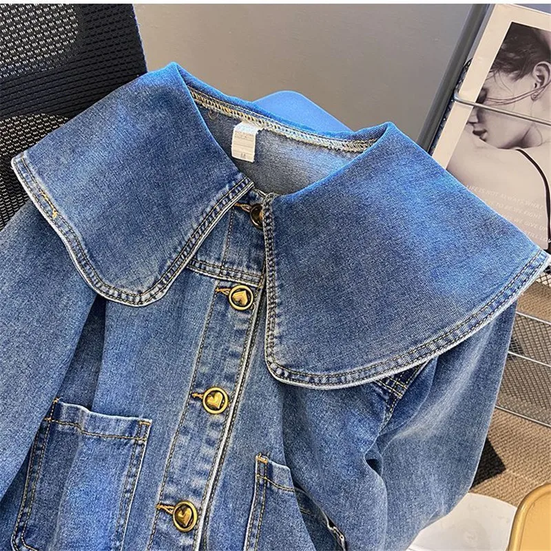 Fashion Doll Collar Denim Short Coat Women Spring 2024 New Vintage Long Sleeve Jeans Jacket Female Loose Cowboy Outerwear T225