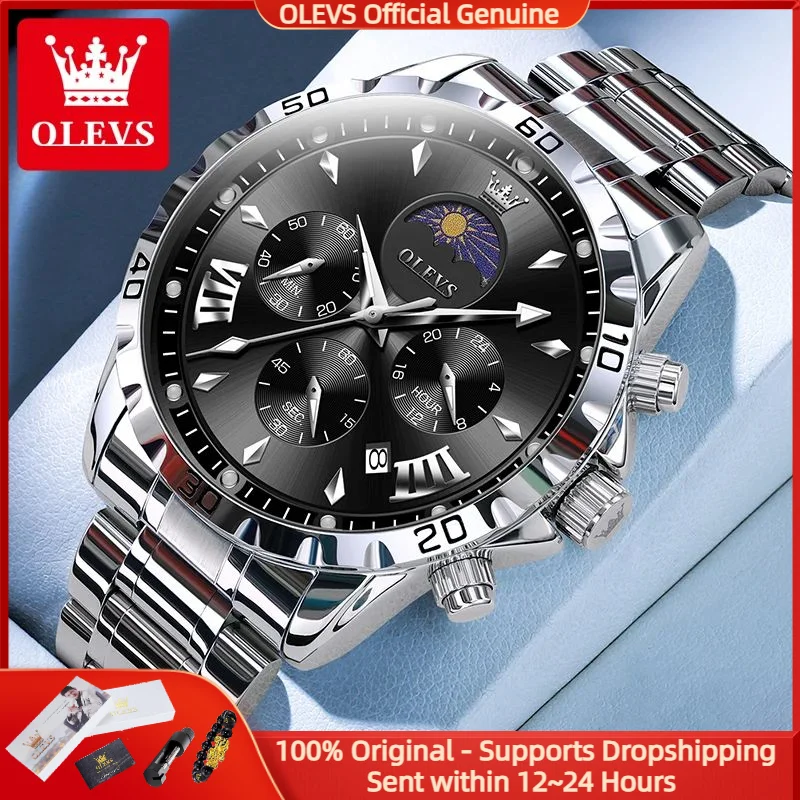 

OLEVS 2949 Элитные брендовые мужские часы из нержавеющей стали, кожаные, многофункциональные, водонепроницаемые, HD, светящийся хронограф, мужские кварцевые часы