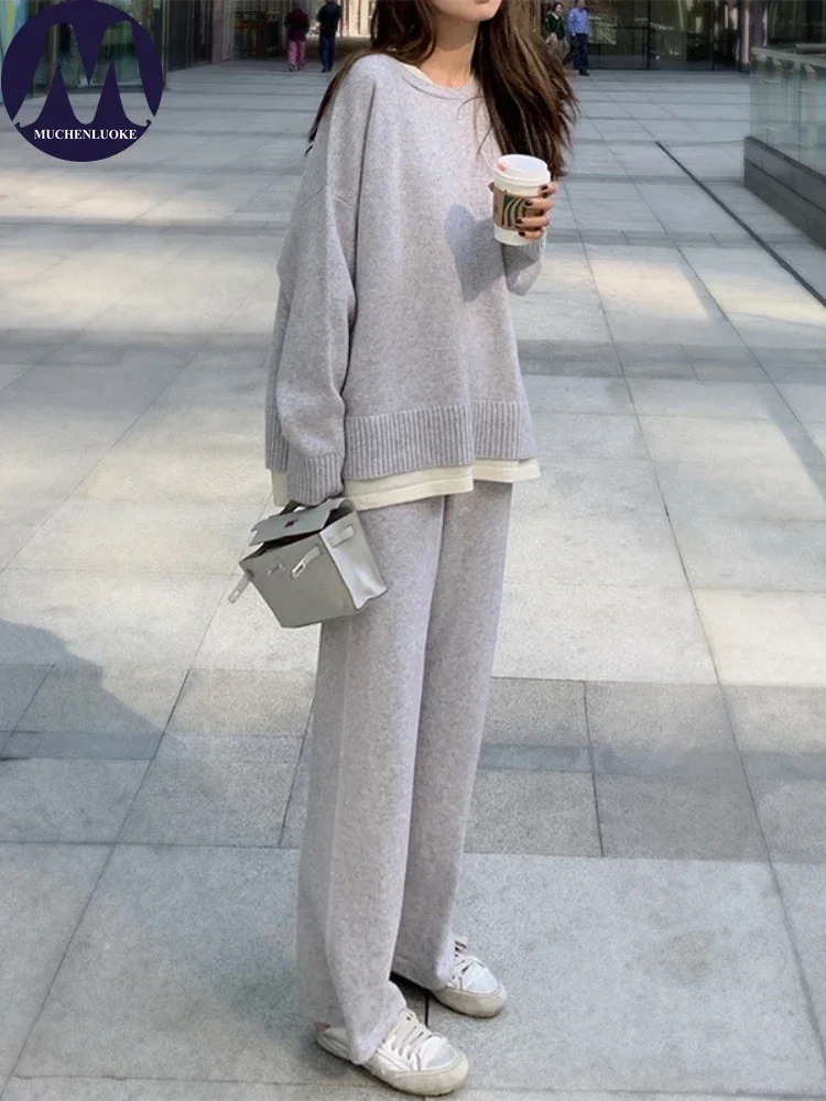 

Вязаный комплект из 2 предметов для женщин, свитера с круглым вырезом, повседневный пуловер, свободные комплекты с широкими брюками, элегантная мода, новинка осени и зимы