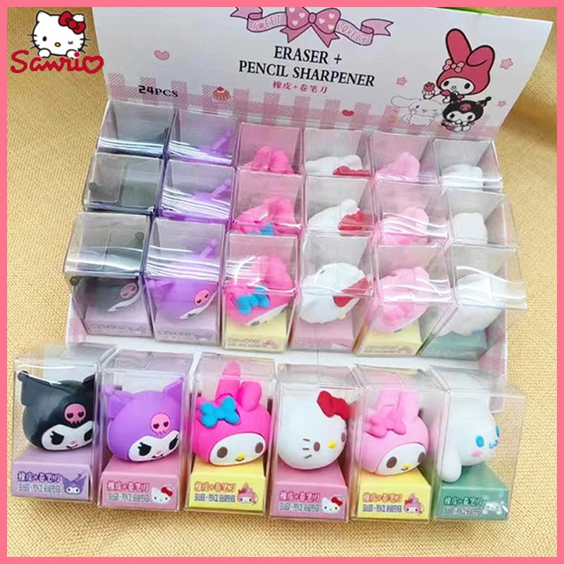 

24/48pcs Sanrio Hellokitty Melody Kuromi Cinnamoroll Silicone Manual Pencil Sharpener Cartoon Single Hole School Supplies Gift