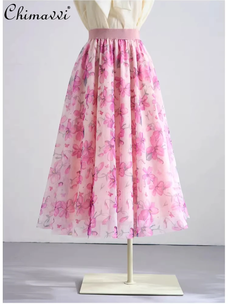 

Элегантная женская длинная юбка в французском стиле с принтом, сетчатая, с эластичной высокой талией, А-силуэт, плиссированная, для весны 2026 года