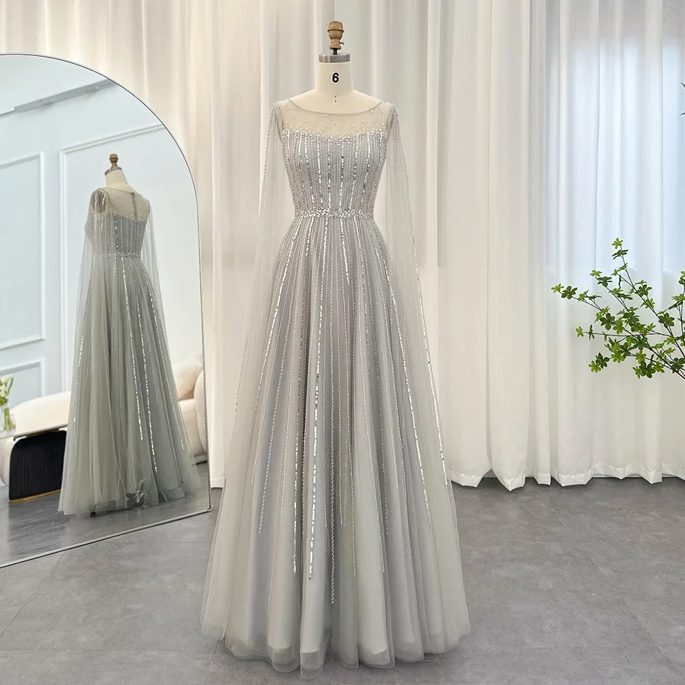 

Elegant O-Neck Evening Dresses with Cape Sleeves Fashion Beads Sequined Sweep Train A-Line Gowns Luxury Party Prom Dresses