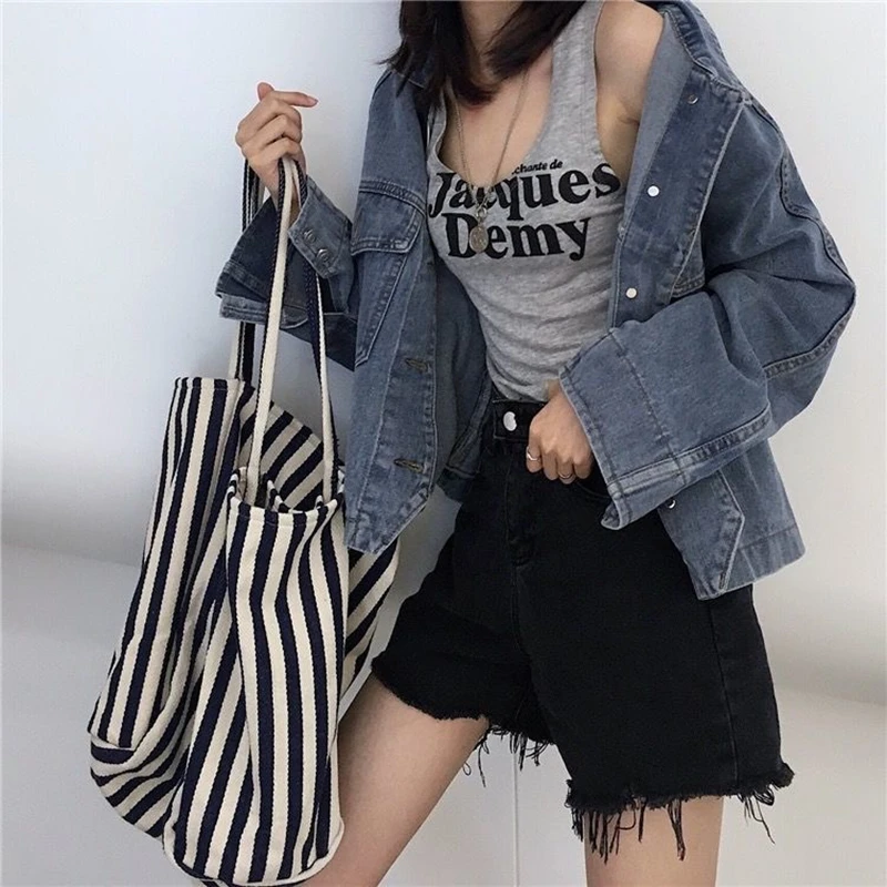 Striped Canvas Bag for Women, Large Capacity Shoulder Bag, Daily Shopping Totes, Student Bookbag, School Travel Beach Bag