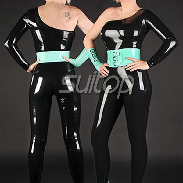 

Special design 100% nature latex catsuit with single sleeve sexy latex glove with belt rubber latex girdling