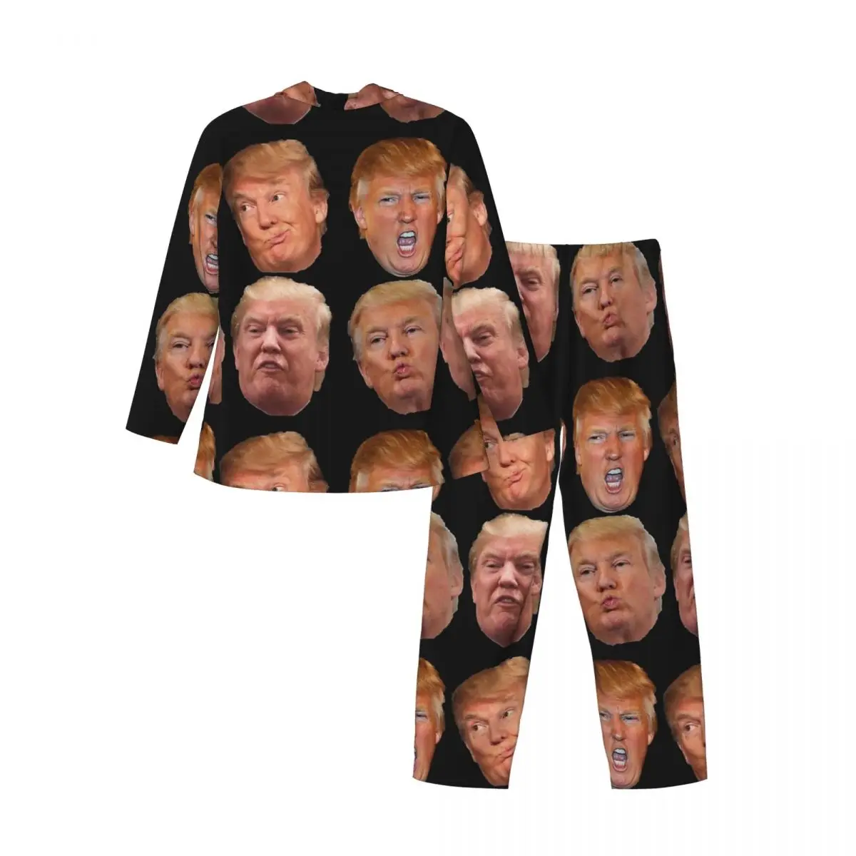 Trump Heads Pajama Sets Autumn Funny Meme Soft Night Sleepwear Male Two Piece Vintage Oversized Design Nightwear Gift