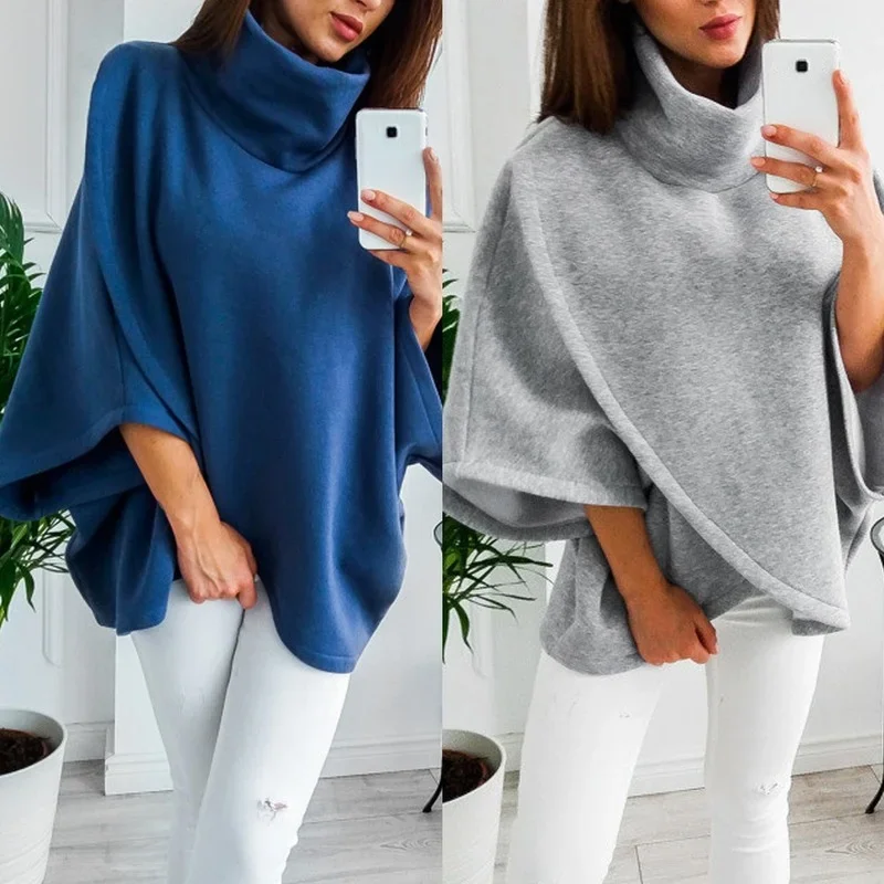 Sudadera asimétrica de cuello alto para mujer, capa de lana, Poncho de ala de murciélago a la moda, abrigos cálidos, capa de invierno, Jersey sólido