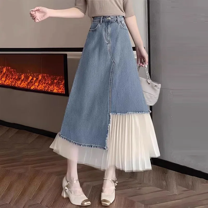 

Vintage Pleated Panel Denim Skirts Woman High Waist Harajuku Korean Style A-line Long Skirt For School Girl Slim Casual Faldas