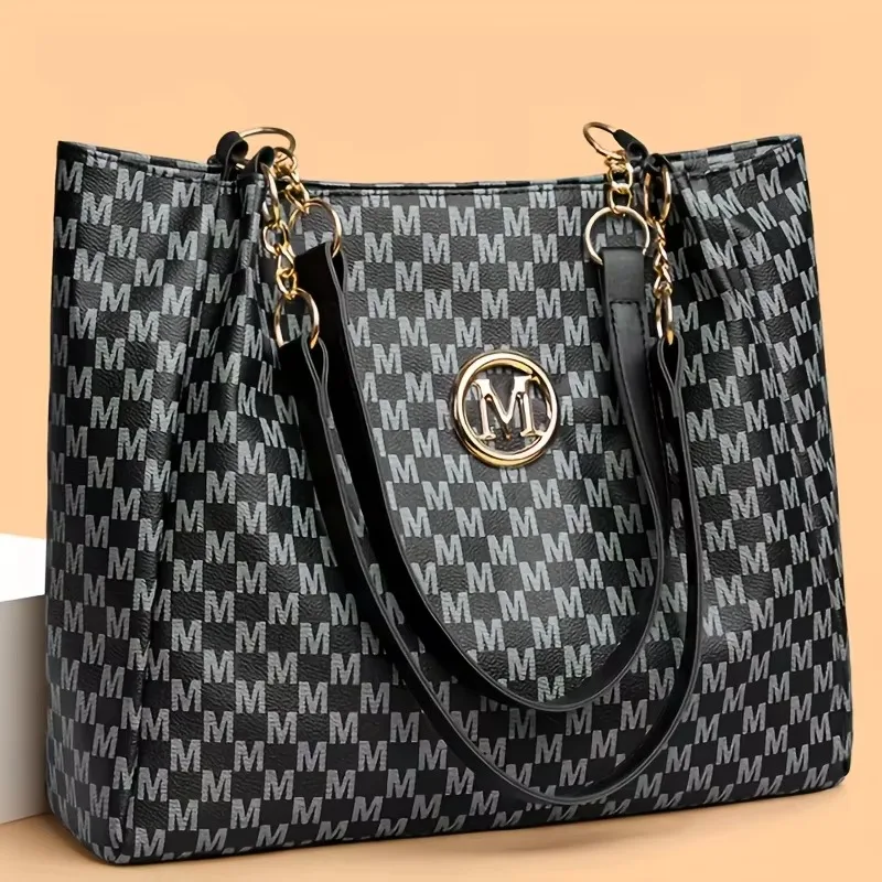 

Vintage Geometric Tote Bag Synthetic Leather Letter "M" Design for Women Handbag Shoulder Bag Large Capacity Shopping Travel Bag