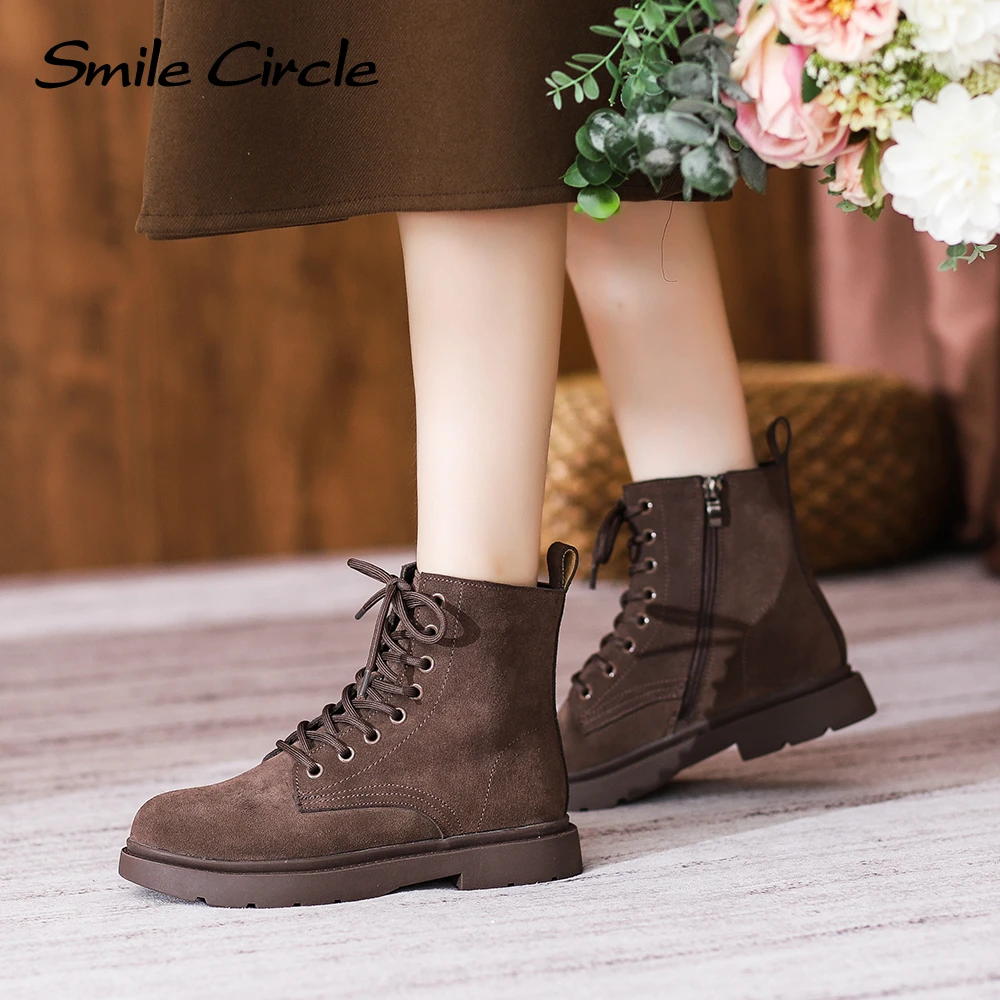 Smile Circle Women Boots Suede Leather Lace up Round-toe platform Boots Winter Lace up Fashion Ankle Boots