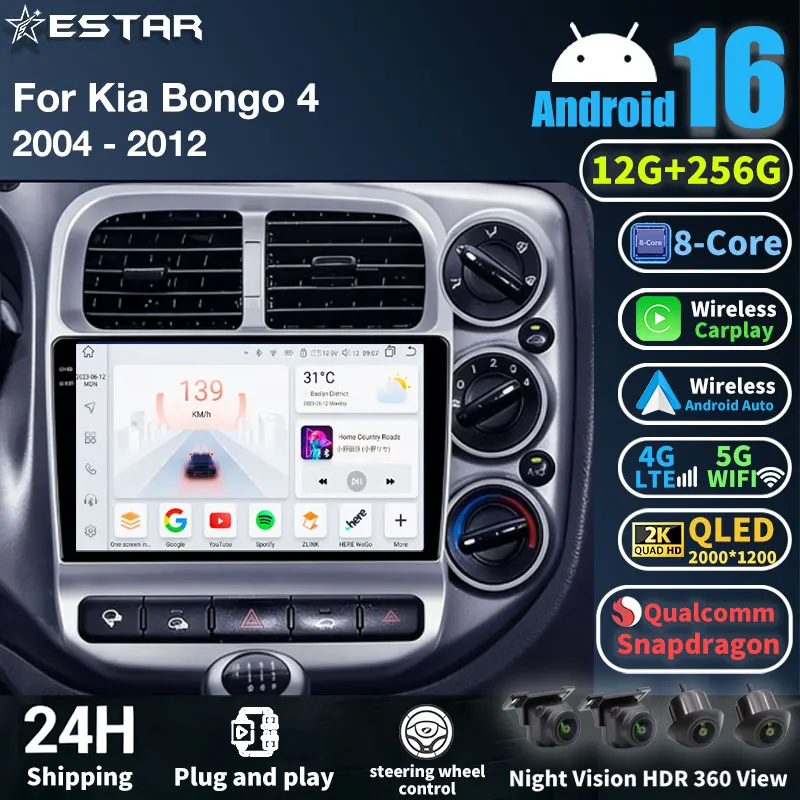 Rádio Automotivo Android 16 para Kia Bongo 4 2004 - 2012, Reprodutor Multimídia GPS, Unidade Principal Navi, Câmera 360, Carplay Sem Fio, Vídeo Automotivo, DSP